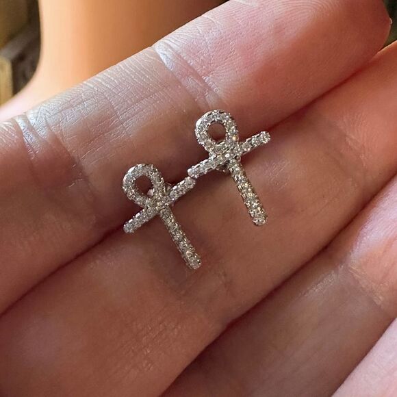 Ankh Cross Sterling Silver CZ Earrings - Picture 1 of 5